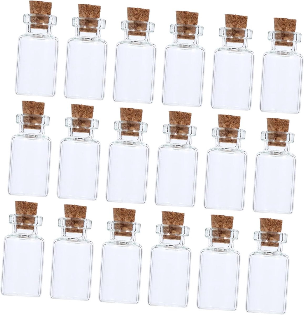 Set van 18 transparante mini glazen wensflesjes met kurk van 1 cl voor DIY decoratie