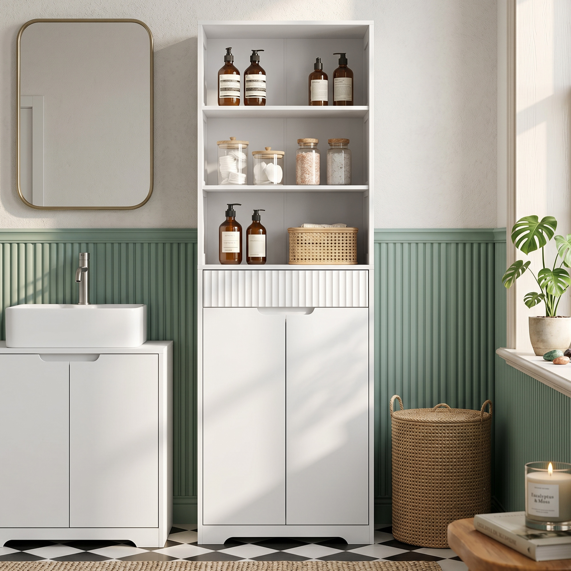 Homcom Mobile Bagno Alto, Armadietto Stretto, 3 Ripiani Aperti, Cassetto, Bianco   Aosom Italy