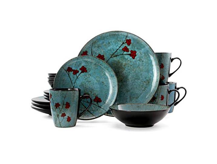 Elama Geschirr-Set aus Steingut, rund, Blumenmuster, 16-teilig, Blau mit roten Akzenten