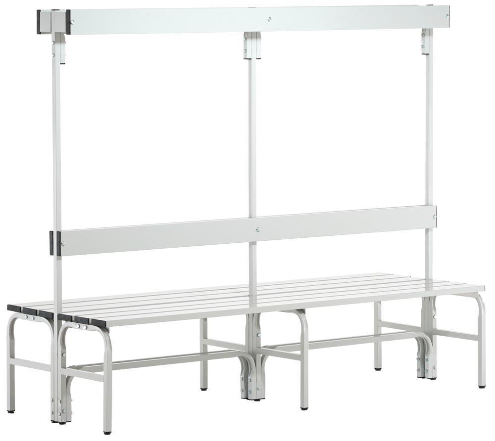 Doppelseitige Garderobenbank, Hakenleiste, ohne Schuhrost, Edelstahl/Alu, TxH 725x1650 mm, Länge 2000 mm, RAL 7035