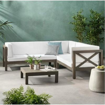 PRO_SELLERS 4-Piece Mid-Century Modern Acacia Wood Outdoor Sectional Sofa Set Whi