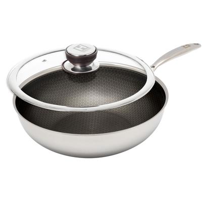 Wok HENSSLERS "HENSSLERS Edelstahl Wok inkl. Glasdeckel, Ø 28 cm", silber (silberfarben), B:29cm H:12,5cm L:51cm Ø:28cm, Pfannen, Wok, Wokpfanne für die asiatische Küche