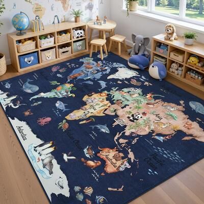 BLUEBELL Kids World Map Area Rug, Washable Non-Slip Carpet with Soft Faux Wool