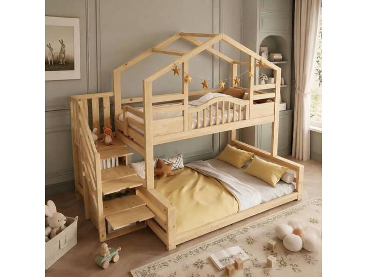 LEMONMAX Lit superposé cabane naturel et bois 90x200 140x200 escalier rangement et étagères intégrées pour enfants