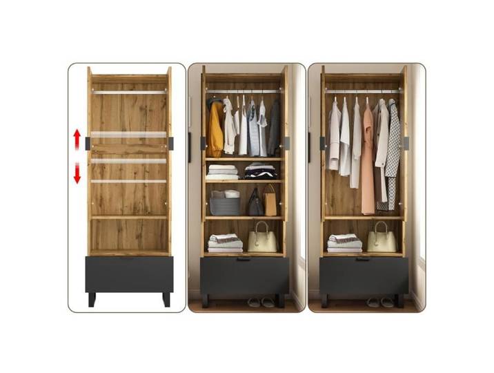Armoire-penderie d'entrée - 180x65x38 cm - 1 tiroir - Étagères réglables - Tringle à vêtements - Compartiment ouvert