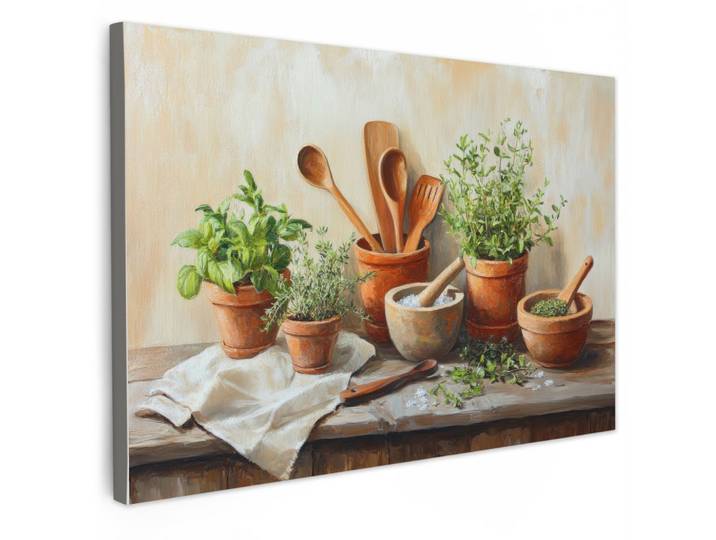 LEINWANDBILD Töpfe - Kräuter - Holz Gemälde 60x40 cm