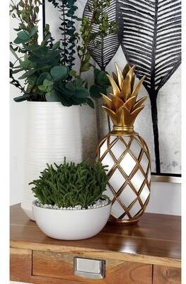ARCILLA ELEMENTAL Gold Polystone Pineapple Fruit Decorative Sculpture with Mirror Accents