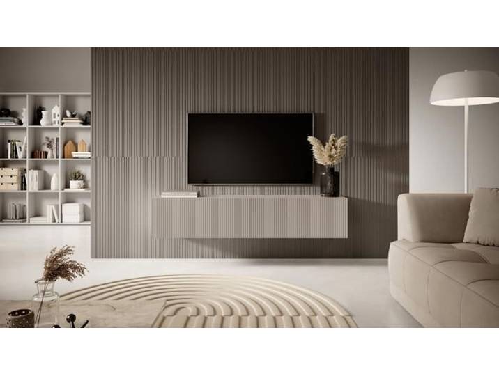 Meuble TV - SELSEY - VELDIO - 140 cm - beige/gris - façade fraisée