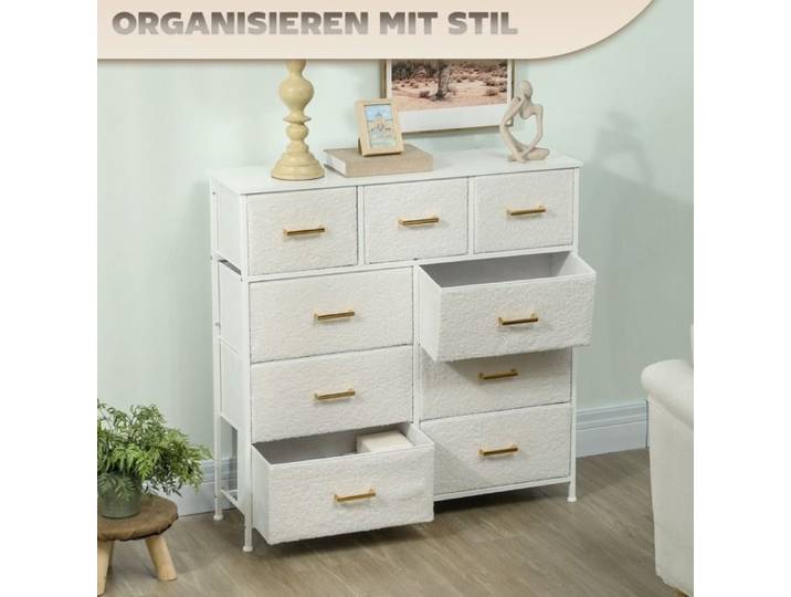 Commode 9 Tiroirs En Tissu Crème Blanc Commode De Rangement FloraGrace Pour Chambre Et Salon Montage Facile 100x30x99cm