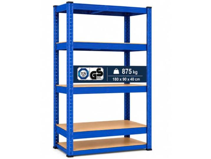 Arebos Zware stellingen 180 x 90 x 40 cm 875kg draagvermogen 0,63 mm 5 MDF platen Stellingen Opslag Kelder stellingen Boutloze stellingen Werkplaats stellingen Blauw