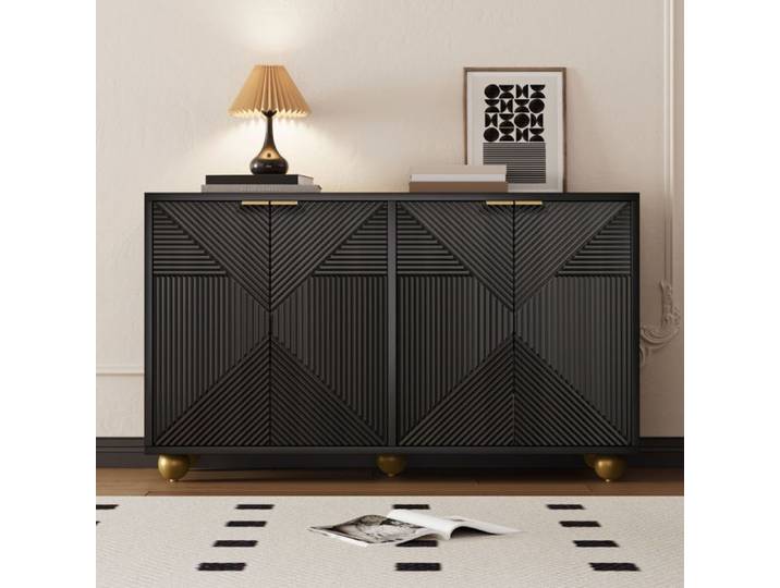Buffet Noir Vintage 4 Portes MDF Meuble de Rangement Salon 120cm