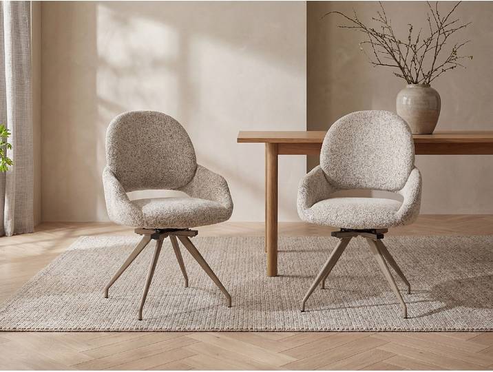 Drehstuhl 6er-Set - Tweed-Stoff & taupefarbenes Metall - Cremefarben - MILEANE