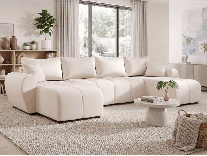 Ausziehbares U-Form Sofa SEVIO 311x145 cm, creme + 2 Kissen GRATIS