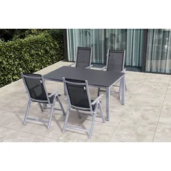 OUTFLEXX Garten-Essgruppe, silber/anthrazit, Alu/Spraystone/Textilen, 160x95 cm, 4 Klappstühle