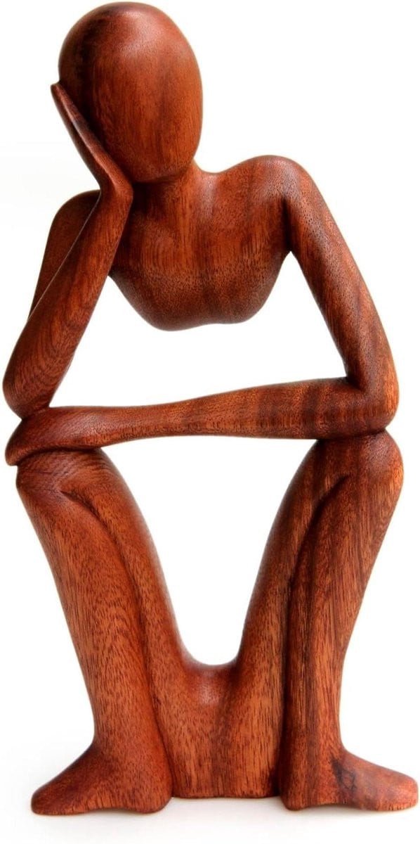 Houten Beeld Denkend Figuur Bruin - Uniek Handgemaakt Interieurdecoratie