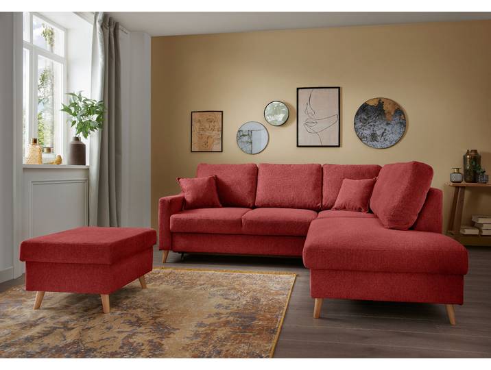 Ecksofa mit Ottomane & Funktion Rot Webstoff Jimin 230 x 94 x 200cm Ottomane davorstehend rechts mit Schlaffunktion Modern