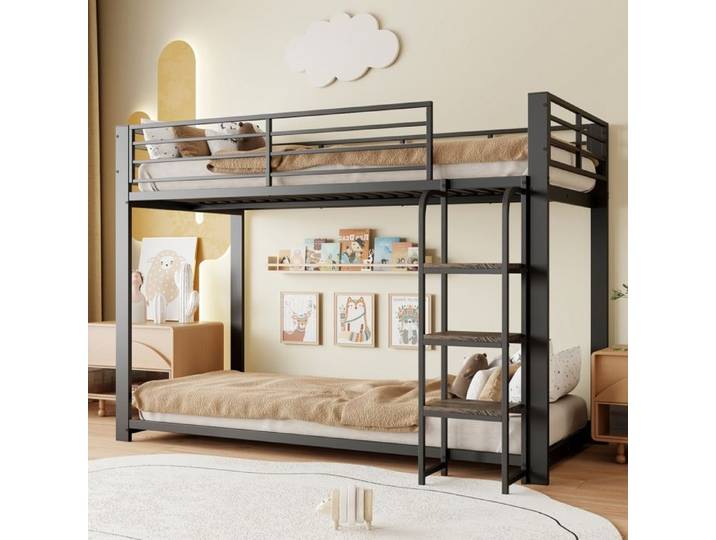 Luscriate - Lit superposé métal 90x200cm marches bois stable enfant adolescent noir 2 places