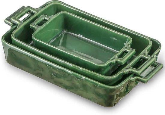 Set van 3 groene keramische rechthoekige lasagneschotels voor dagelijks gebruik