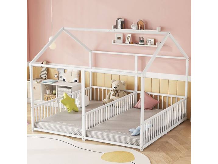 Lit cabane double 90x200 cm x2 enfant Rampe Échelle Modèle de maison Lit double design Cadre en fer - SWEIKO - Blanc