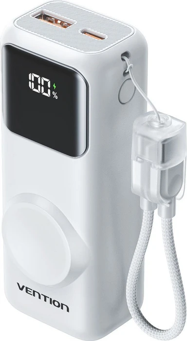 Vention Mini 10000mAh Power Bank (USB-C + USB-A) with Built-in USB-C Cable and Apple Watch Charging