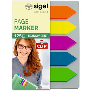 Sigel Haftmarker Page Marker, HN611, transparent, Folie, beschriftbar, 5 x 25 Pfeile, Standardfarben
