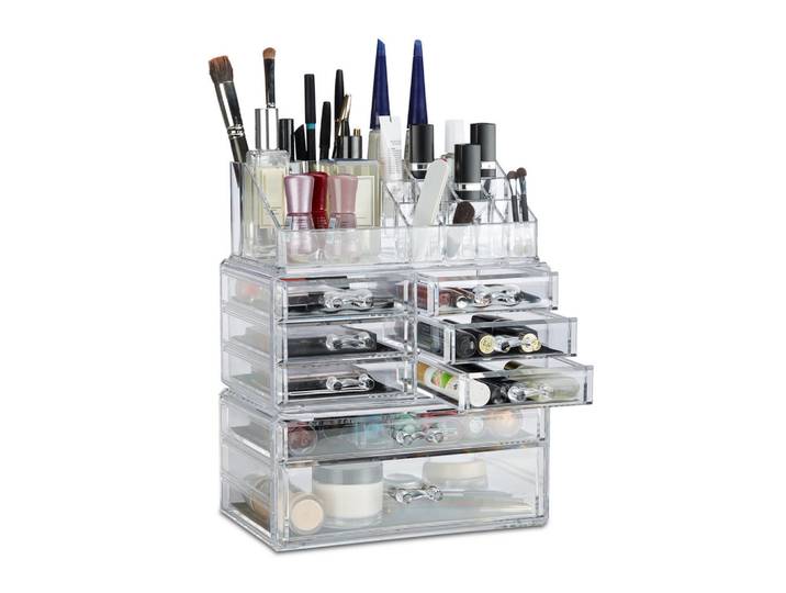 Relaxdays Kosmetik-Organizer Transparent Acryl 8 Schubladen 3-tlg.-Set, Kunststoff, 24x30x14 cm, Ordnen & Aufbewahren, Deko- & Aufbewahrungsboxen, Organizer