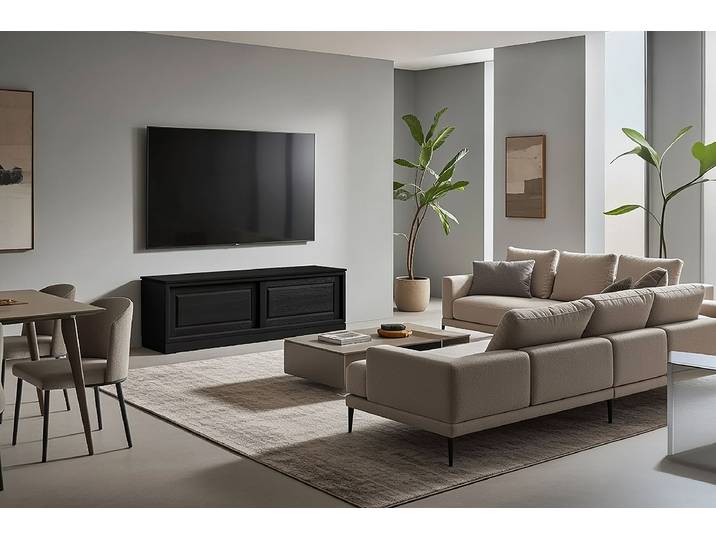 TV-Lowboard Glatt Pinie Massiv, gebürstet Schwarz/Schwarz 166cm