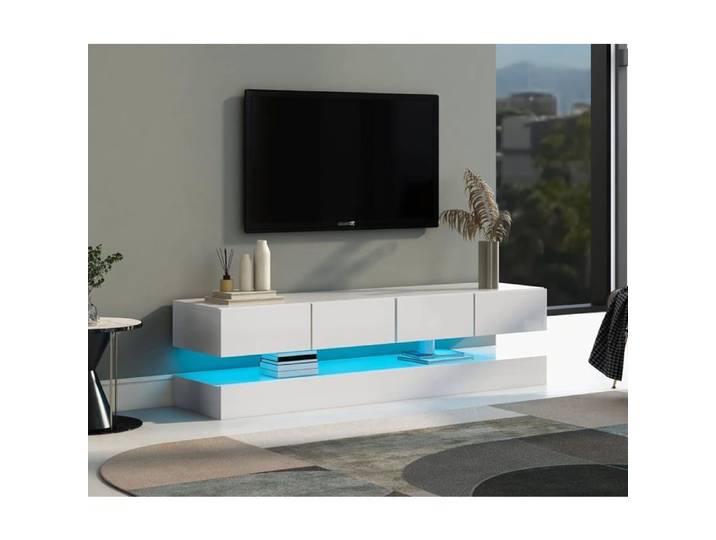 Meuble TV bas brillant avec éclairage LED moderne suspendu et meuble bas-Meuble TV avec tiroirs-Meuble TV pour téléviseur de 155cm