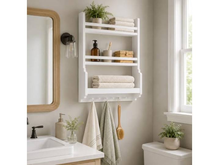 JSWHYBD 3-stufiges Wandregal aus Massivholz mit Haken fürs Badezimmer Platzsparendes Wandregal für Bad, Küche, Flur, Waschküche und Schlafzimmer(White)