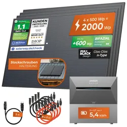 Solarway® 2000Wp / 800W / 5,4kWh Balkonkraftwerk mit Speicher komplett Steckdose - 5,4kWh Anker SOLIX 3 PRO Speicher - Solaranlage Komplettset - 500W Solarmodule & Anker Speicher & Zubehör