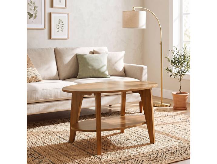 HOMCOM Table Basse Ovale Moderne 2 Niveaux Chêne 80x50x45cm