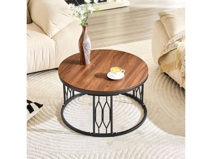 VUENOR table basse ronde 70 x 70 x 40 5 cm MDF aspect noyer et métal noir