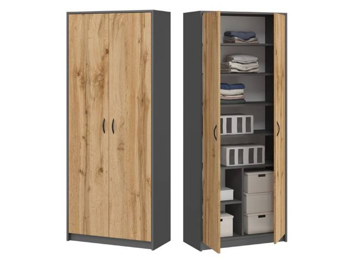 Armoire de bureau 2 portes - Armoire multi-usages - 74x35x180 - 6 étagères - Meuble de rangement - Aspect bois+Gris