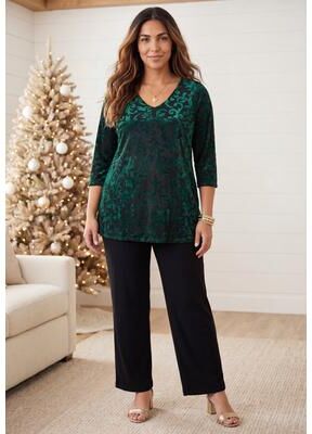 Plus Size Women's AnyWear Burnout V-Neck Tunic by Catherines in Emerald Green Scroll Burnout (Size 0X)