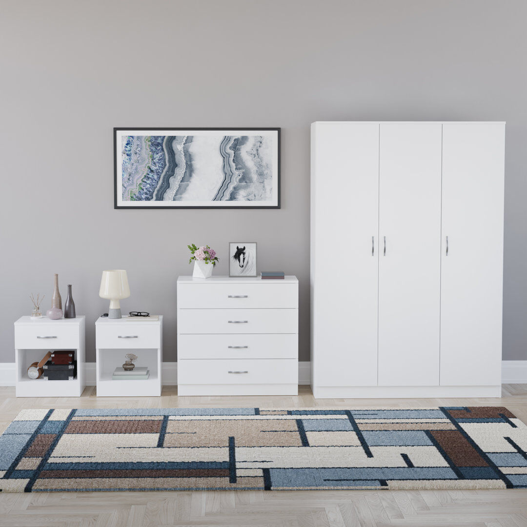 17 Stories Tayce 4 Piece Bedroom Set (1 Drawer Bedside Chest X2, 4 Drawer Chest, 3 Door Wardrobe) White
