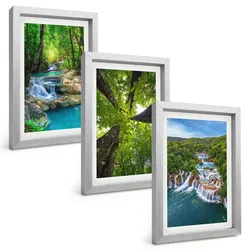 BILDER SET 3er Set - 20x30 cm Silberner Rahmen - Wasserfälle grüner Wald Wasser