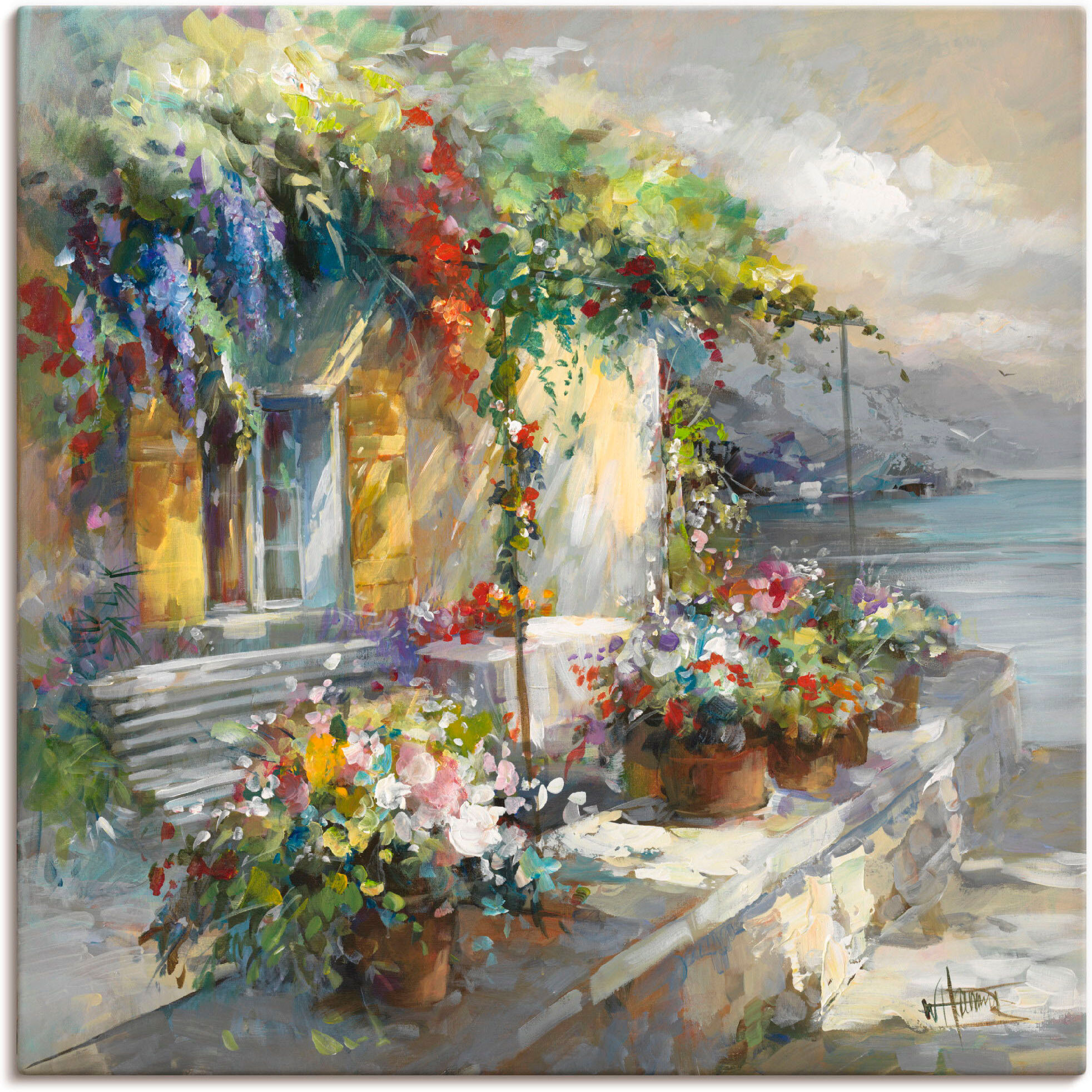 Leinwandbild ARTLAND "Veranda am See", grau (farbe bild(er): grau), B:70cm H:70cm, Bilder, Leinwandbild, auf Holzrahmen gespannt farbe bild(er): grau B/H/T: 70cm x 70cm, Leinwandbild Garten quadratisch, 1 Stk.