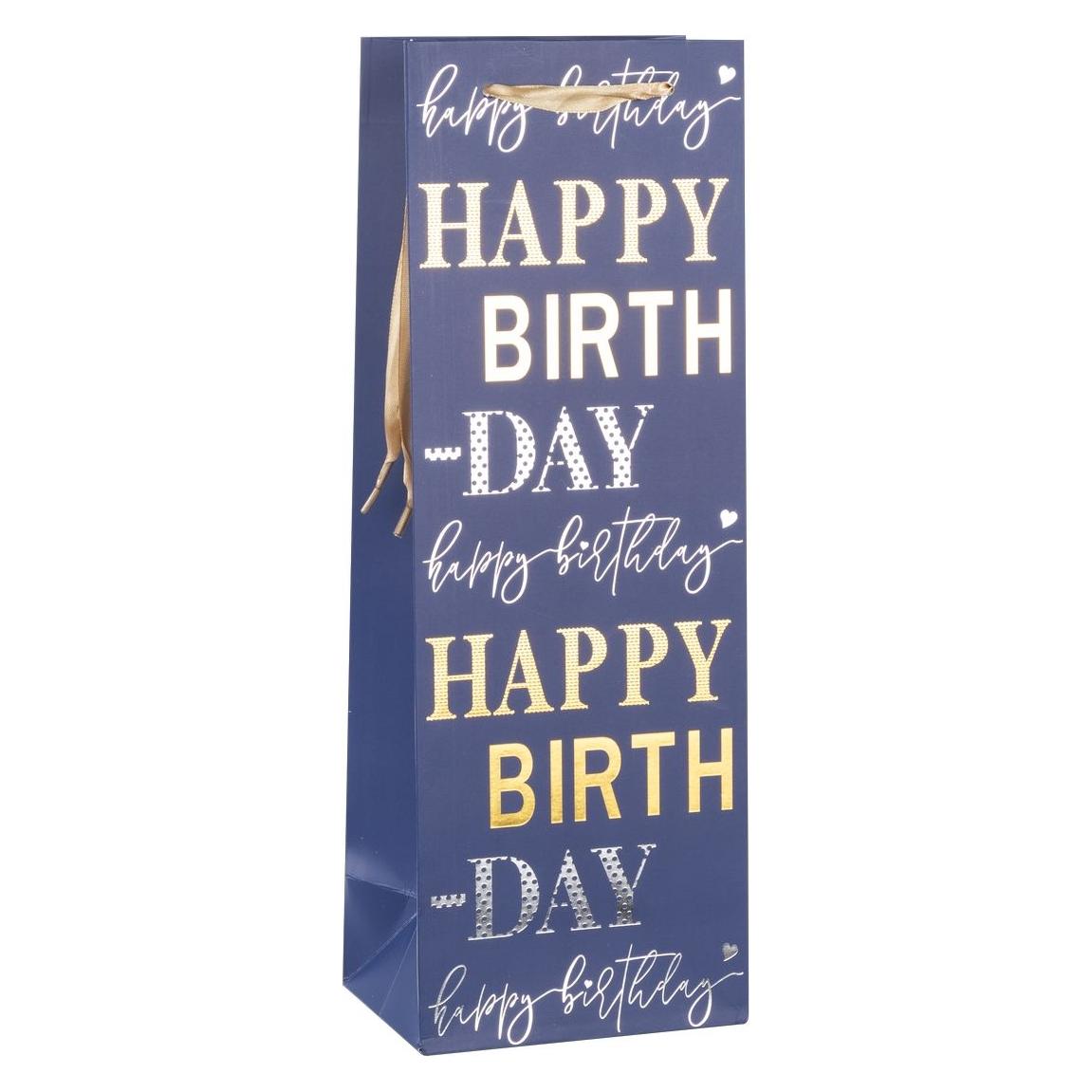 Idena Flaschentasche Happy Birthday blau 12,5x35x9xcm 210g/m² Heissprägung (1x) (68140128)