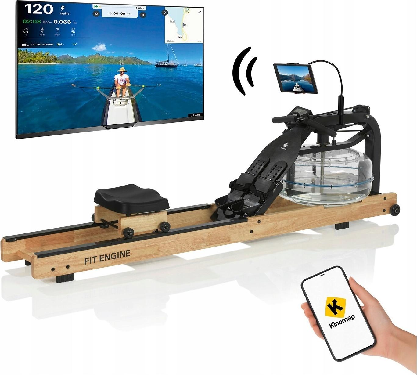 FitEngine Rudergerät Smart Naturholz Rudermaschine Wasserwiderstand Wasser-Rudergerät Ruderzugmaschine Fitness Display Heimtrainer 210x50x60cm