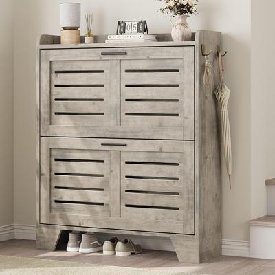 YUN Shoe Cabinet for Entryway, Slim Shoe Cabinet with 2 Flip Drawers, Farmhouse Thin Shoe Organizer Cabinet with Hooks