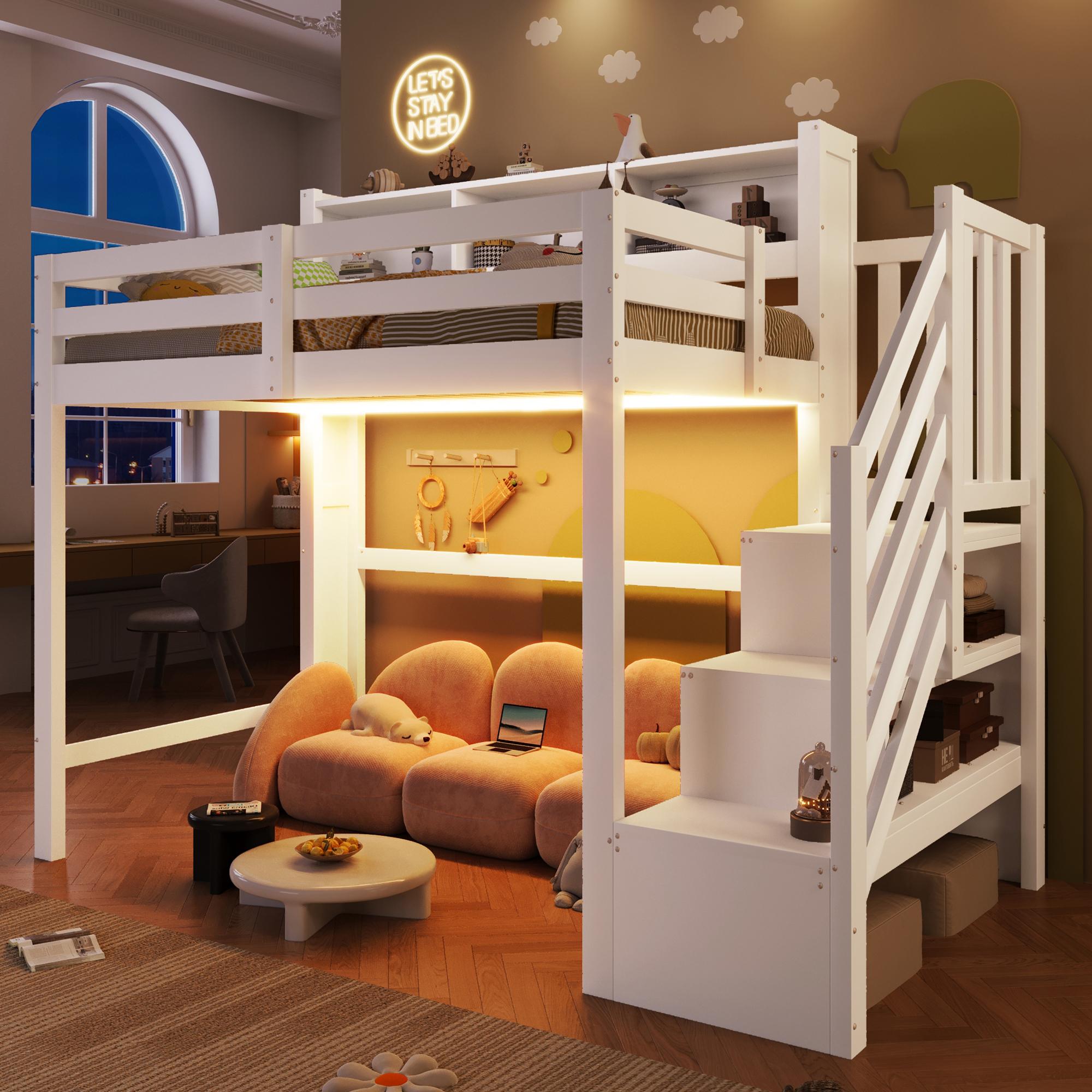 Merax Hochbett 140x200 cm, Etagenbett mit LED, Kinderbett, Treppe mit Stauraum, Regale, Kinderbett, Jugendbett, Massivholz Stockbett, Weiß