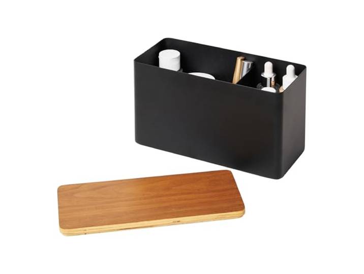 YAMAZAKI 4807 RIN Storage Box, black, Steel/PlyWood, 23 x 10.5 x 14 cm