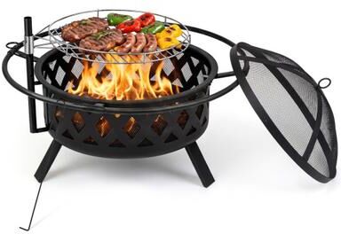 Costway Outdoor Black Fire Pit with Adjustable and Rotatable Grill Grate Breathable Mesh & Outer Ring for BBQ-30 Inches