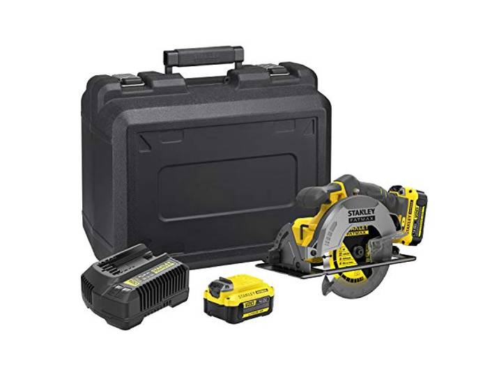 STANLEY FATMAX V20 Scie Circulaire Sans Fil 18 V Li-Ion Moteur Brushless 165mm Vitesse 4000 trs/mn Coupes Biaises Jusqu'à 50° 1 Mallette 2 Batteries 4 Ah 1 Chargeur SFMCS500M2K-QW