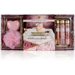 Wellness Set - Badewannentablett mit Duschgel Schaumbad Badesalz & Badefizzer - Geschenkset