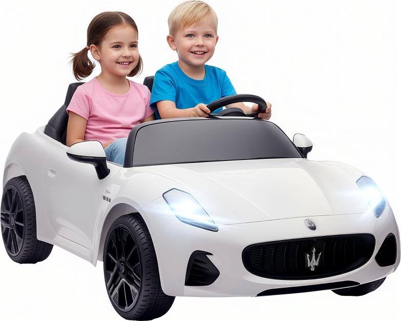 Fortuna Lai Maserati Elektroauto für Kinder, 2-Sitzer, 12V Batteriebetrieb, Fernbedienung, LED-Lichter, Musikfunktion, Weiß