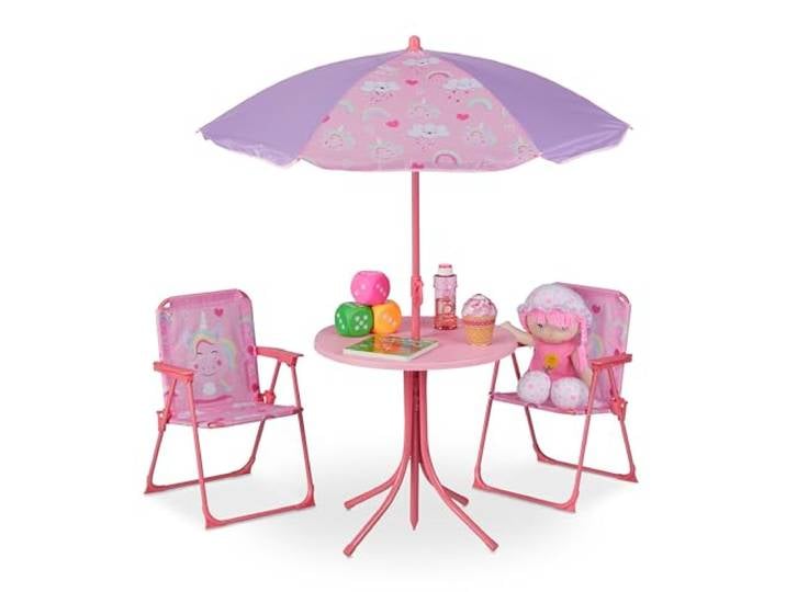 Relaxdays\, Salon de Jardin\, Enfant\, Table\, chaises\, Parasol\, pour Un Petit Fan de Licornes\, pour Plage ou Camping\, Rose