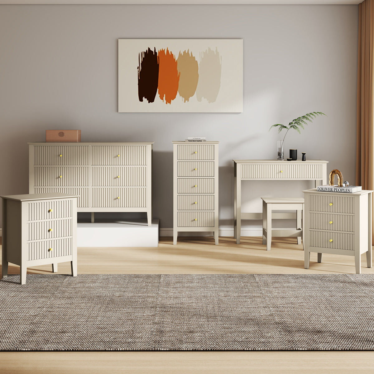 6 Drawer Chest of Drawers, Tall 5 Drawer Bedside Table, Pair of 3 Drawer Bedside Tables and Dressing Table Set - Hales Taupe Range Coated MDF, Metal