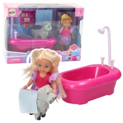 Rosa Mini-Puppenset mit Badewanne und weißem Hund