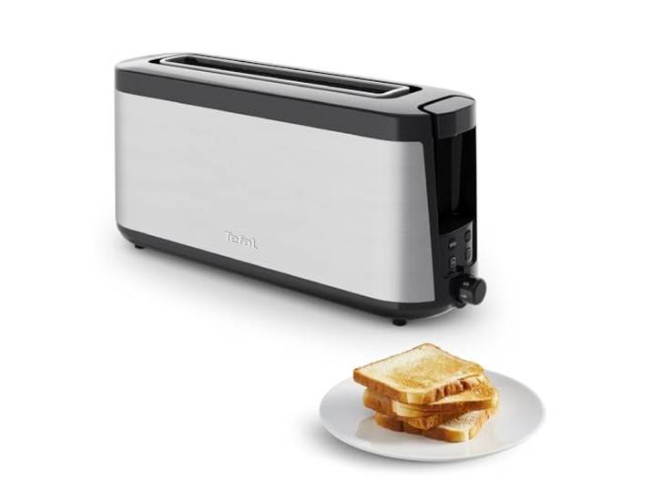 Tefal Element Langschlitz-Toaster, integrierter Brötchenaufsatz 4 Funktionen mit Kontrollleuchten, Anhebevorrichtung, herausnehmbare Krümelschublade, Edelstahl/Schwarz, TL430811